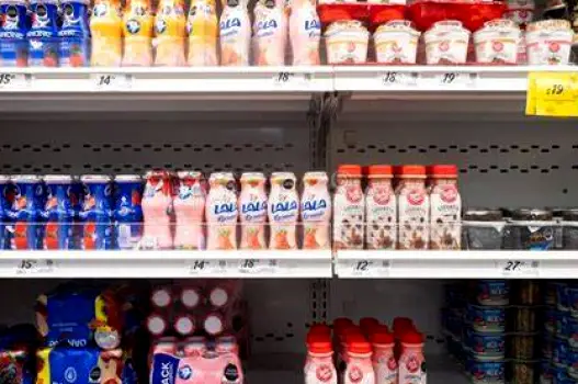 Several yogurt containers of different styles lined up on a store shelf, with one package prominently marked lactose-free