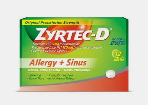 Side-by-side comparison of standard Zyrtec Allergy and Zyrtec-D boxes with visible active ingredient panels showing cetirizine only and cetirizine with pseudoephedrine